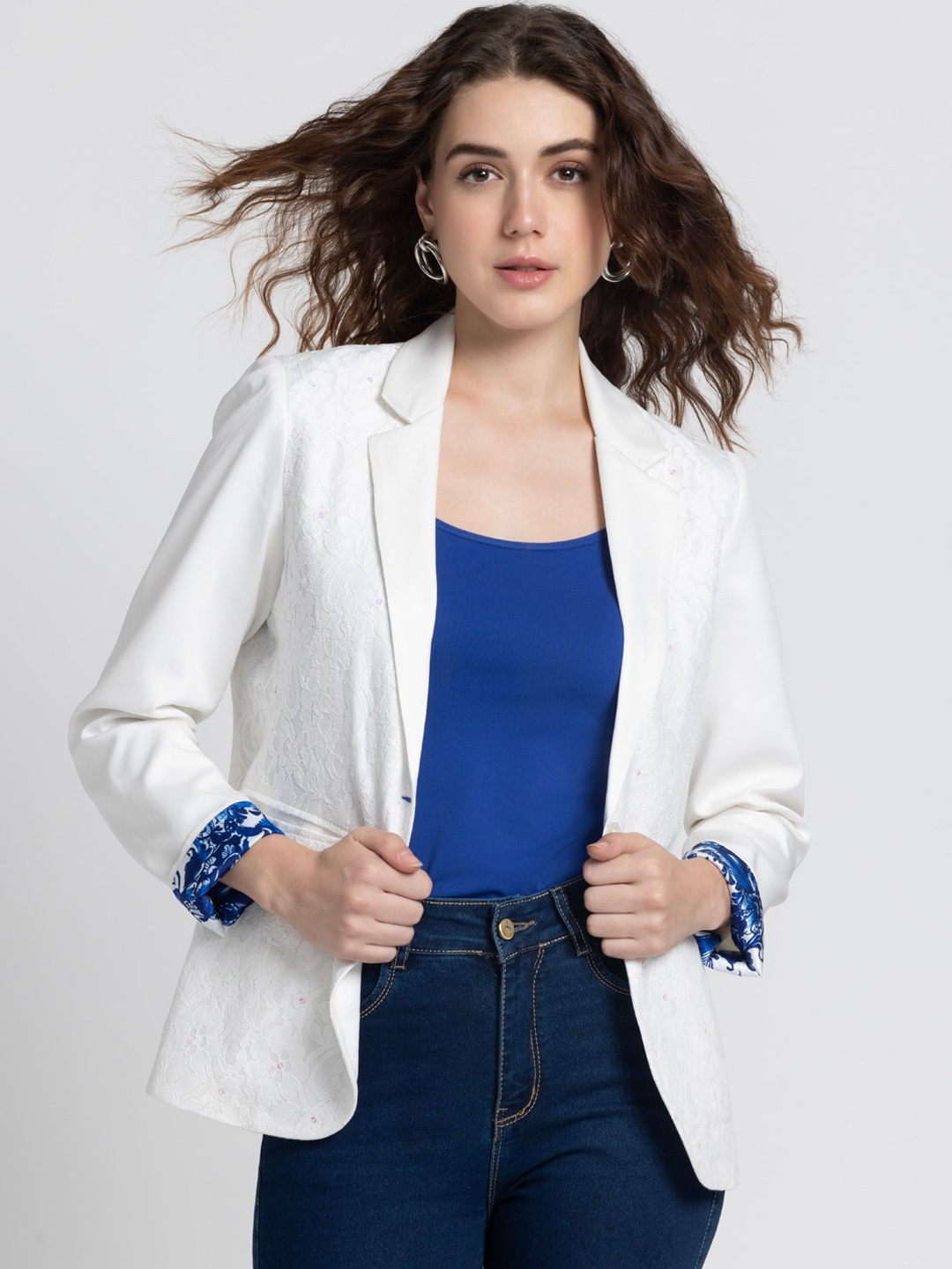 

SHAYE Self Design Single Breasted Blazer, White