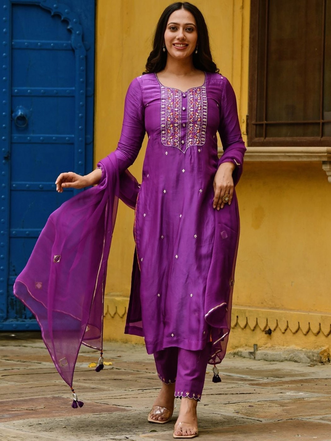 

Urbanstree Floral Embroidered Pure Silk Kurta & Trousers With Dupatta, Purple