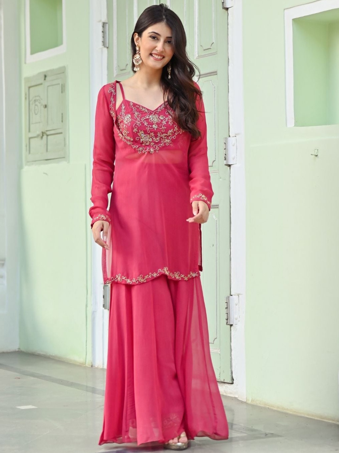 

Urbanstree Floral Embroidered Beads And Stones Georgette Kurta With Palazzos, Pink