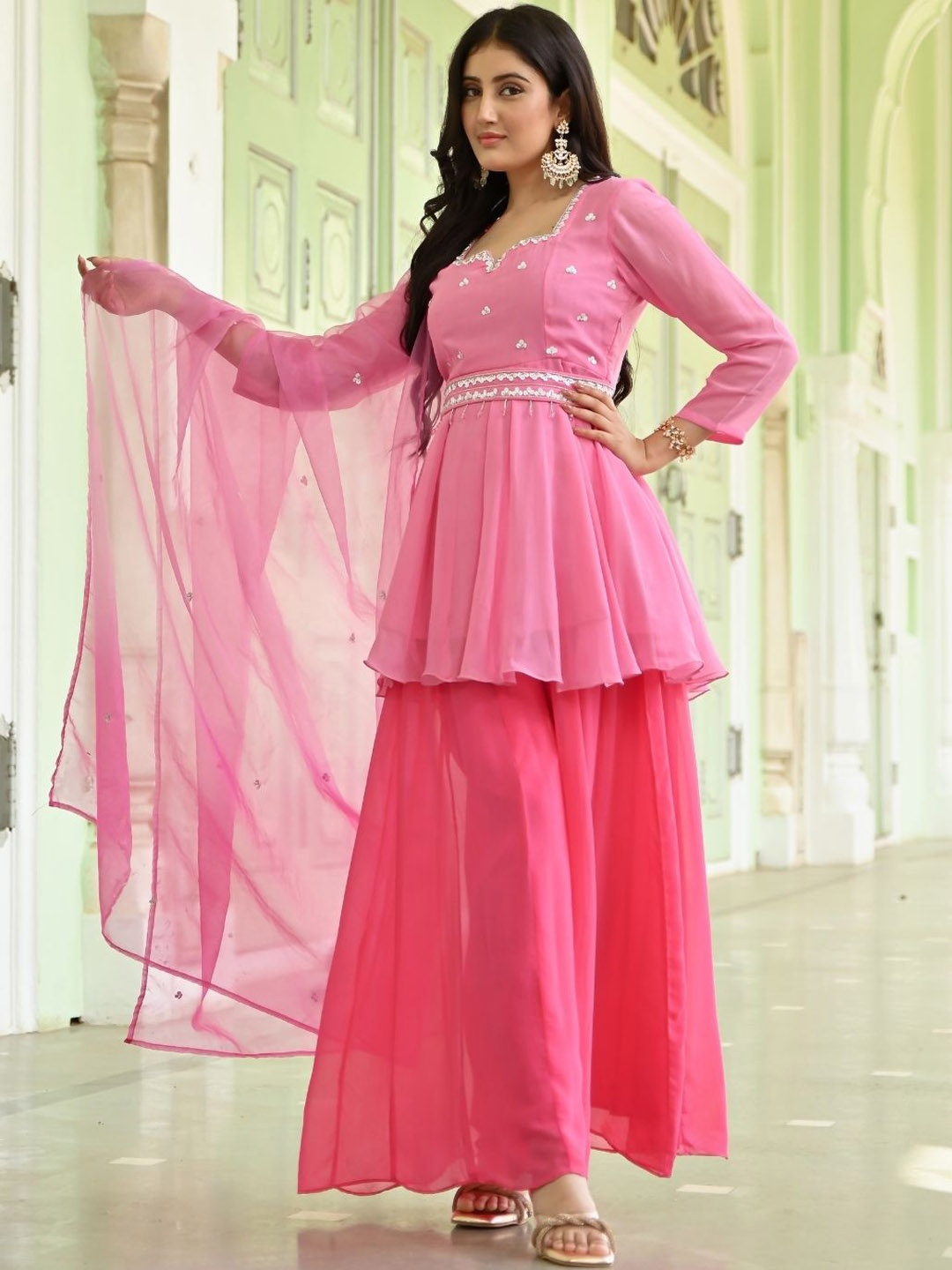

Urbanstree Embroidered Empire Beads and Stones Georgette Kurta with Palazzos & Dupatta, Pink
