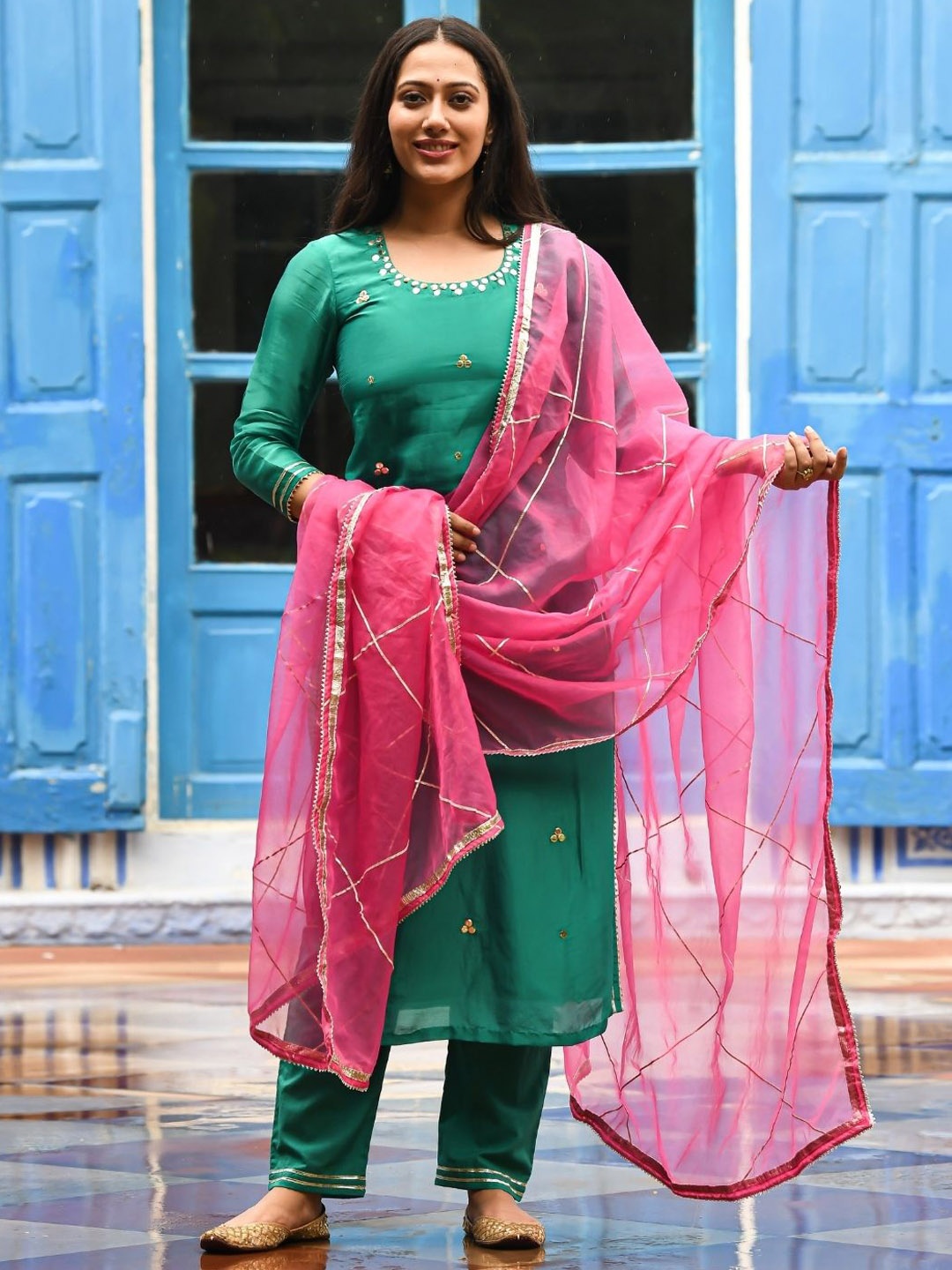 

Urbanstree Embroidered Beads and Stones Pure Silk Kurta with Trousers & Dupatta, Green