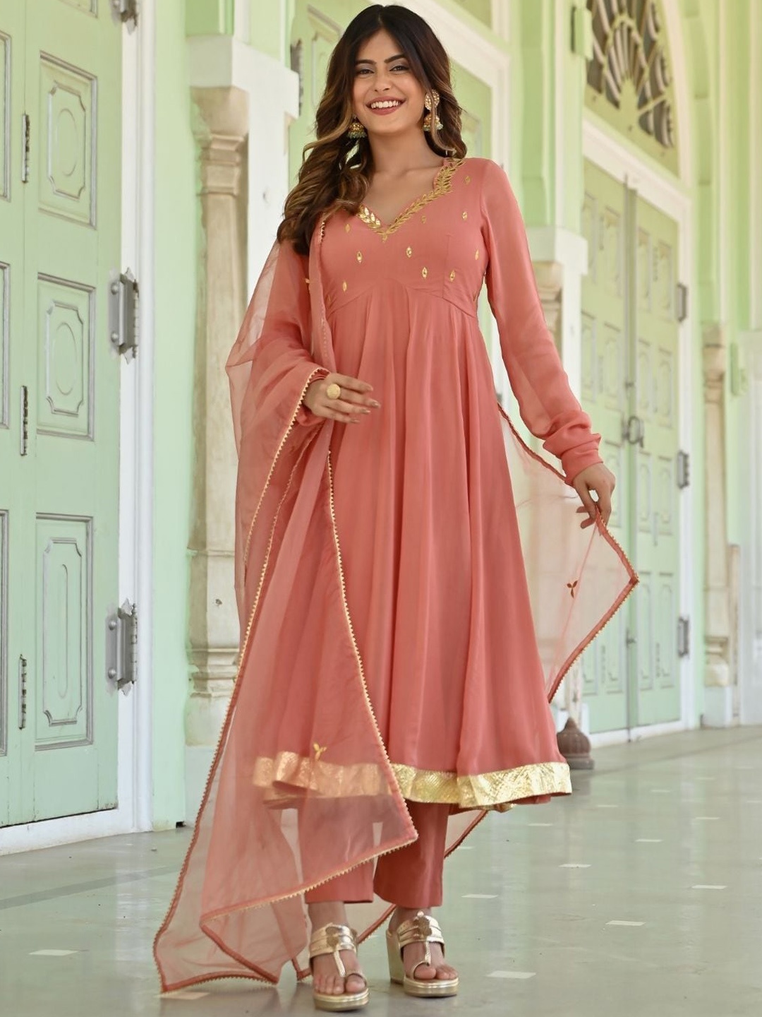 

Urbanstree Ethnic Motifs Embroidered Georgette Kurta with Trousers & Dupatta, Peach