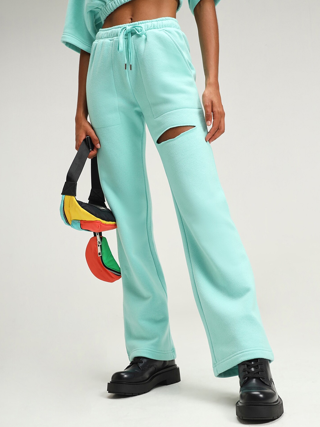 

CAVA Women Straight Fit Fleece Slit Joggers, Turquoise blue
