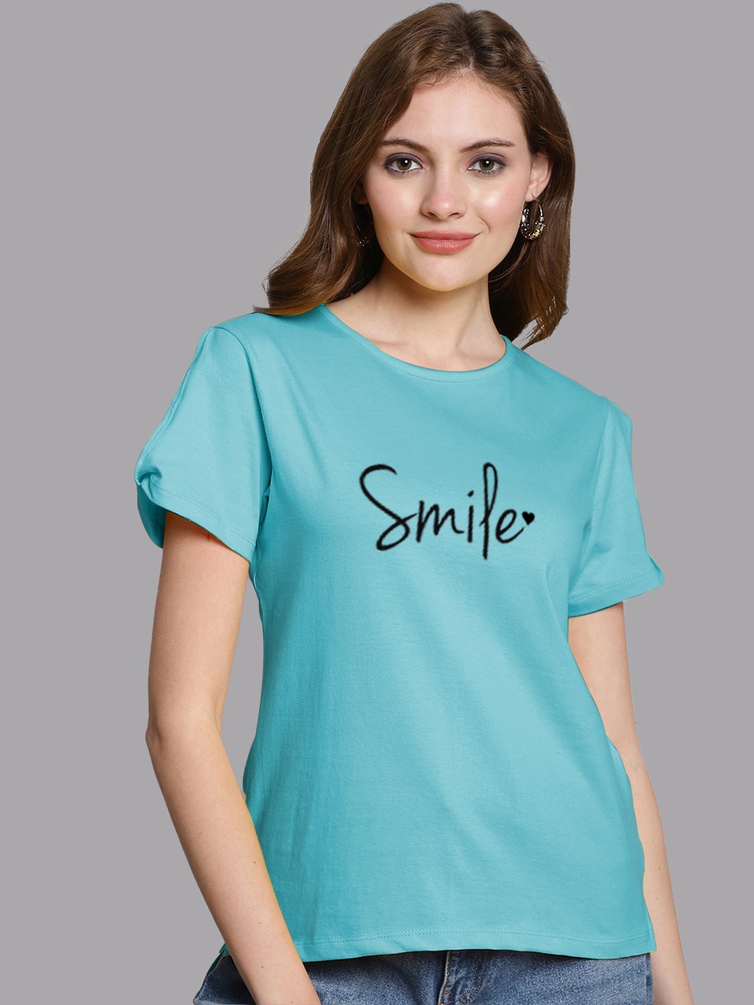 

FBAR Typography Printed Slit Sleeves Pure Cotton High Low Top, Turquoise blue