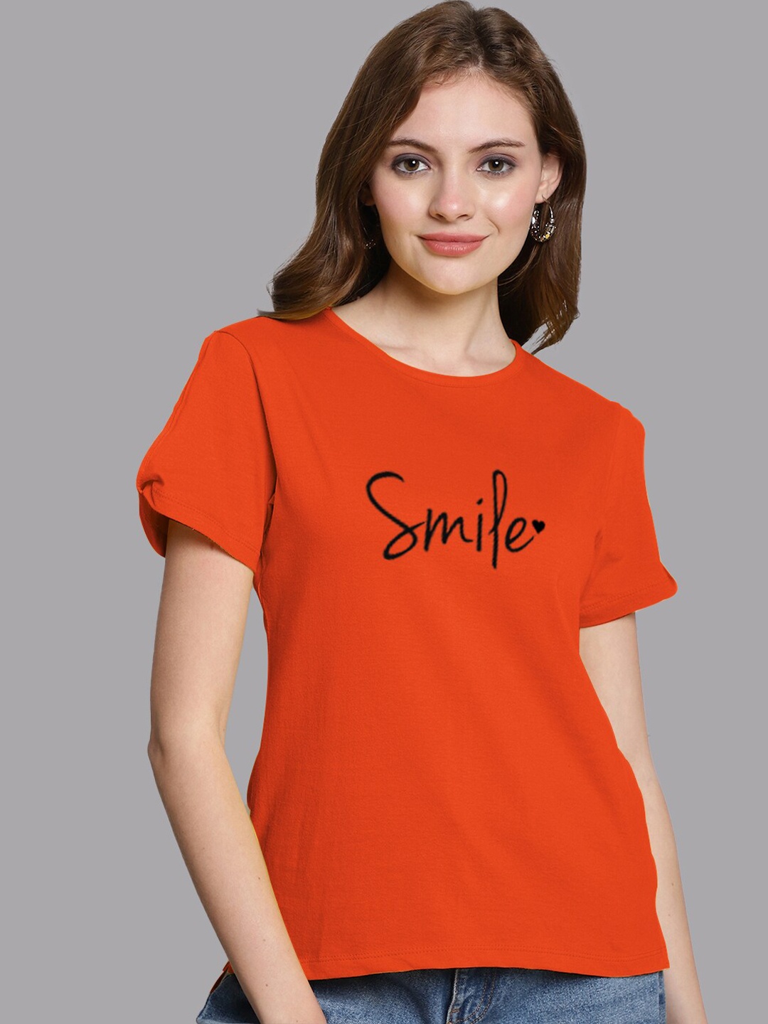 

FBAR Regular Fit Typography Printed Round Neck Cotton Top, Orange