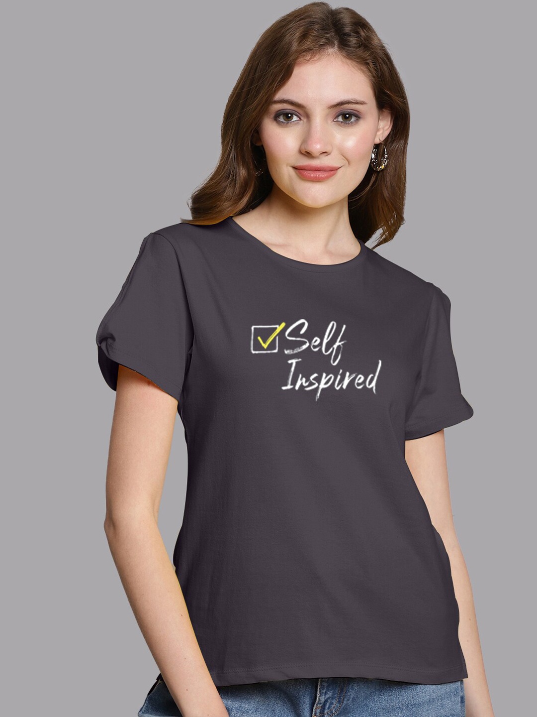 

FBAR Typography Printed Slit Sleeves Pure Cotton Top, Brown
