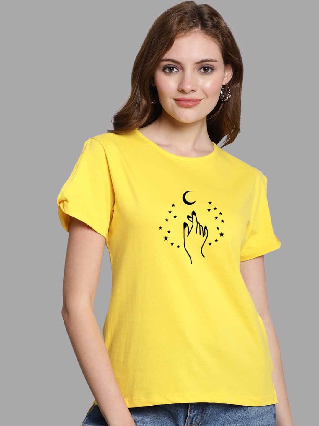 

FBAR Graphic Printed Slit Sleeves Pure Cotton Top, Yellow