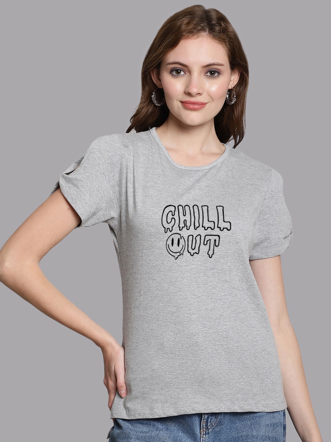 

FBAR Typography Printed Slit Sleeves Pure Cotton Top, Grey
