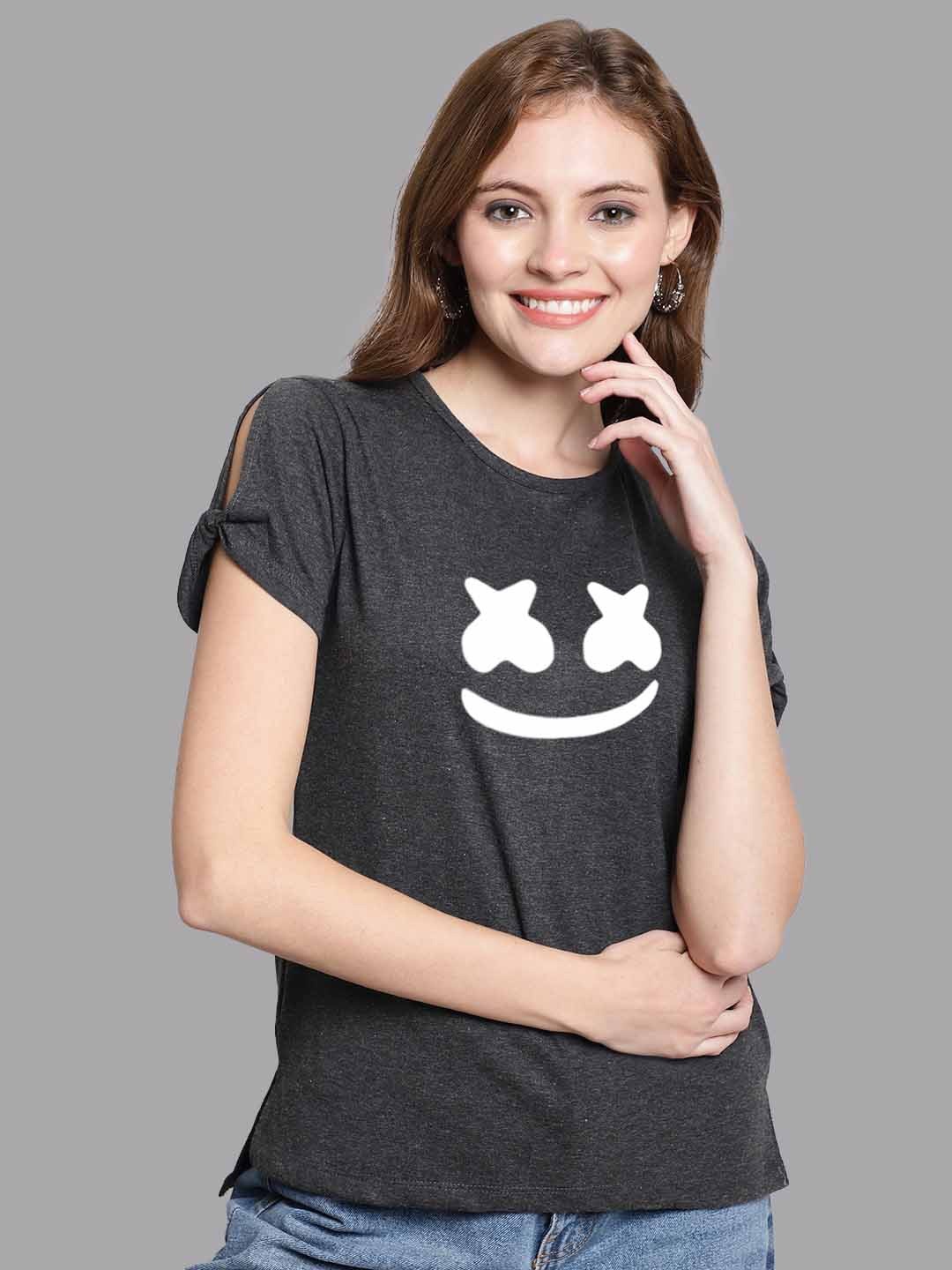

FBAR Graphic Printed Slit Sleeves Pure Cotton Regular Top, Grey