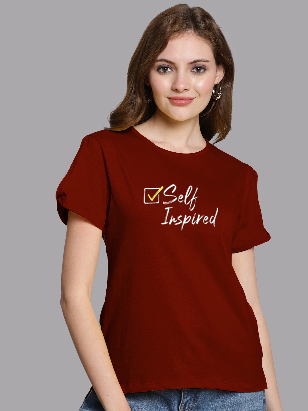 

FBAR Typography Printed High Low Pure Cotton Top, Maroon