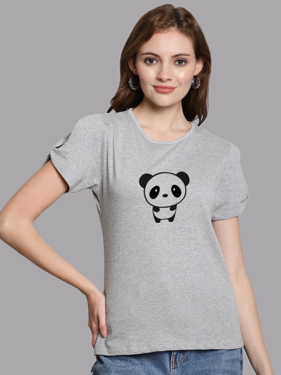 

FBAR Graphic Printed High Low Pure Cotton Top, Grey