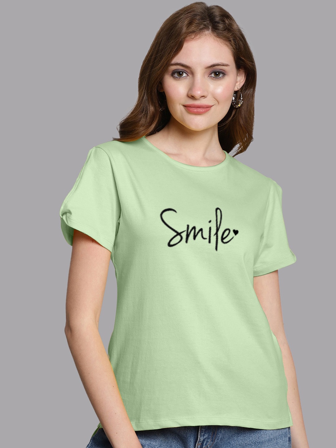 

FBAR Typography Printed Slit Sleeves Knitted Pure Cotton High-Low Top, Sea green