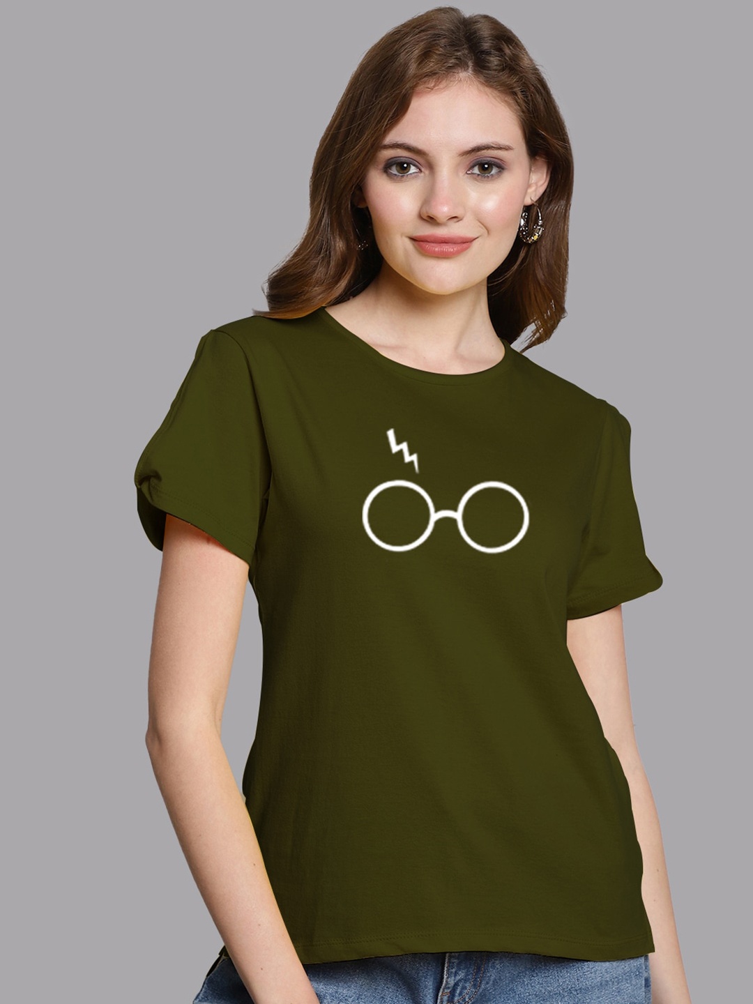 

FBAR Graphic Printed Short Slit Sleeves Pure Cotton Top, Olive