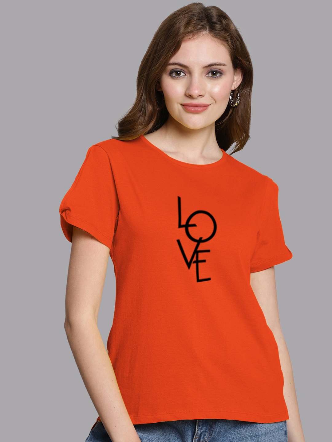 

FBAR Typography Printed Short Slit Sleeves Pure Cotton Top, Orange