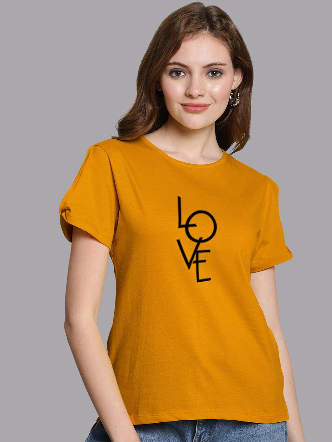 

FBAR Typography Printed Short Slit Sleeves Pure Cotton Top, Gold