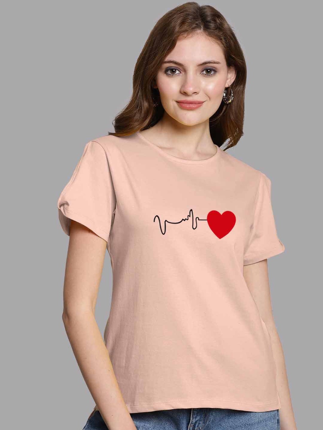 

FBAR Graphic Printed Round Neck Slit Sleeves Bio Wash Pure Cotton Regular Top, Coral