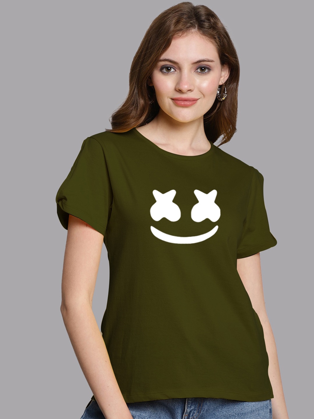 

FBAR Graphic Printed Round Neck Slit Sleeves Bio Wash Pure Cotton Regular Top, Olive