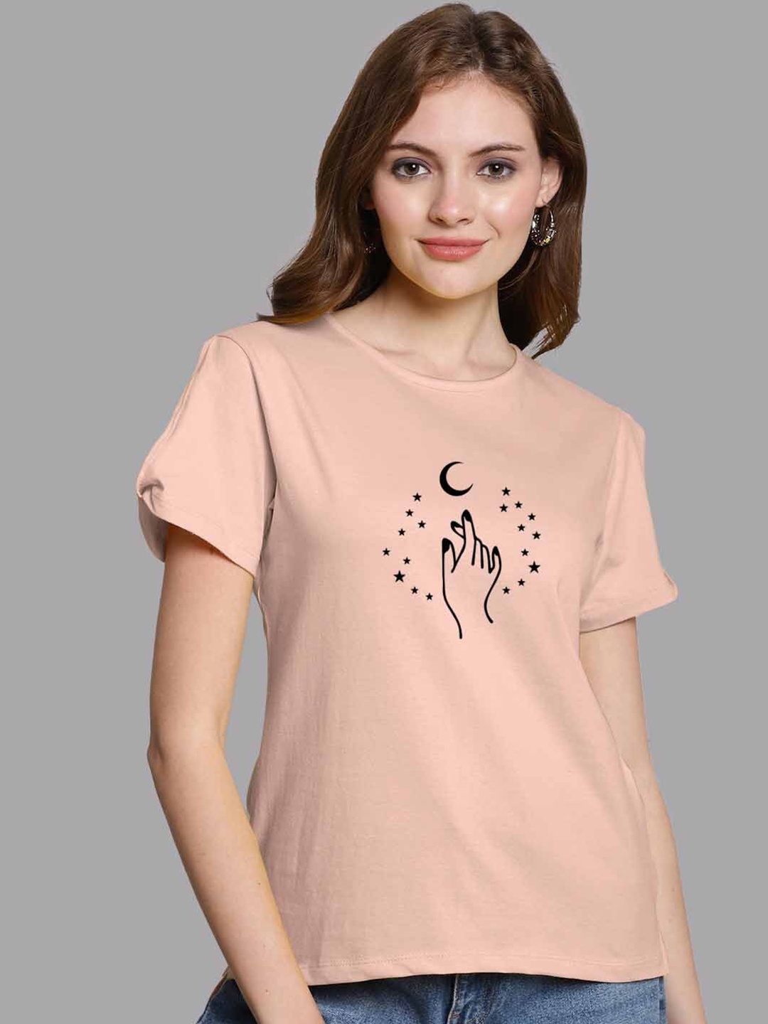 

FBAR Graphic Printed Slit Sleeves Pure Cotton Casual Top, Coral