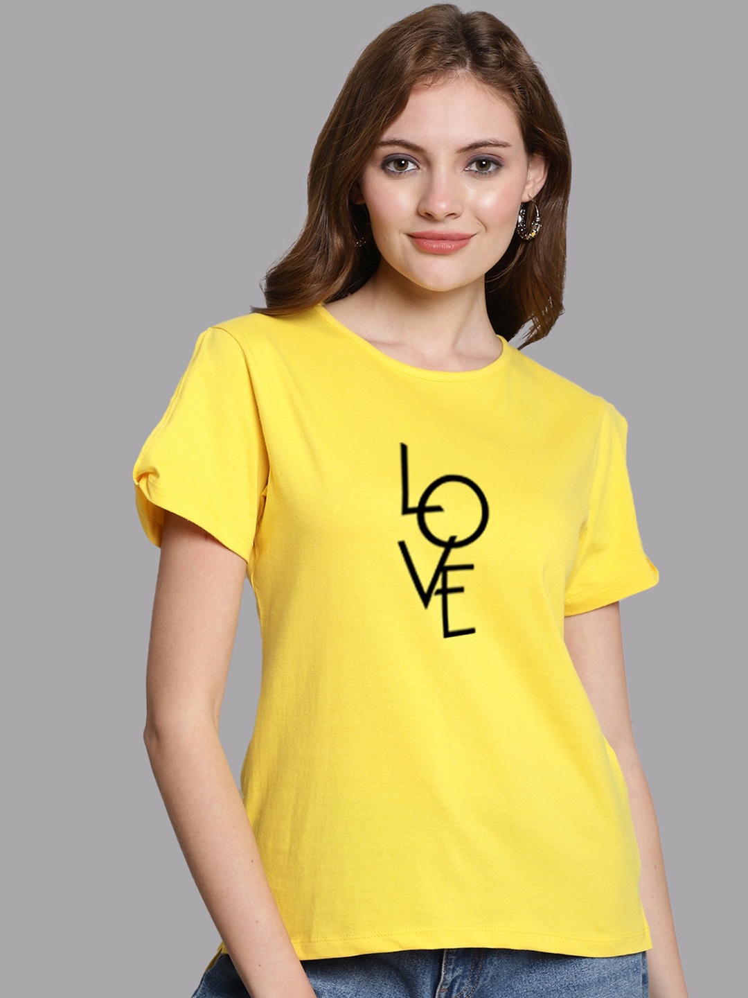 

FBAR Typography Printed Slit Sleeves Pure Cotton Casual Top, Yellow