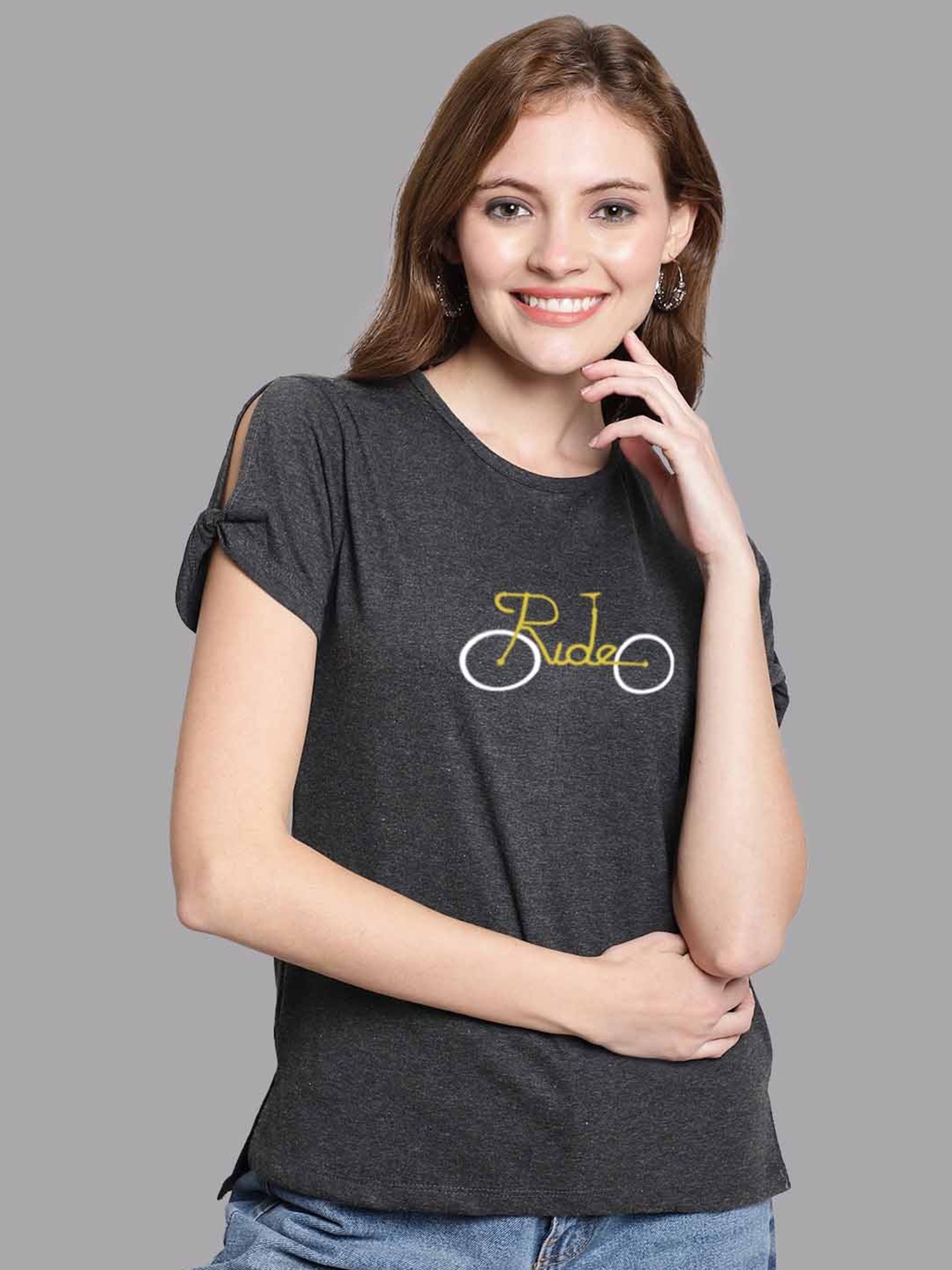 

FBAR Typography Printed Slit Sleeves Pure Cotton Casual Top, Grey