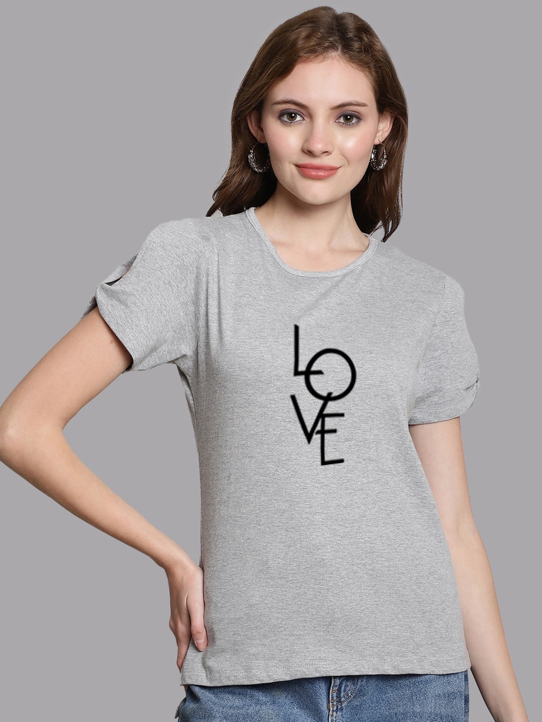 

FBAR Typography Printed Slit Sleeves Pure Cotton High Low Top, Grey