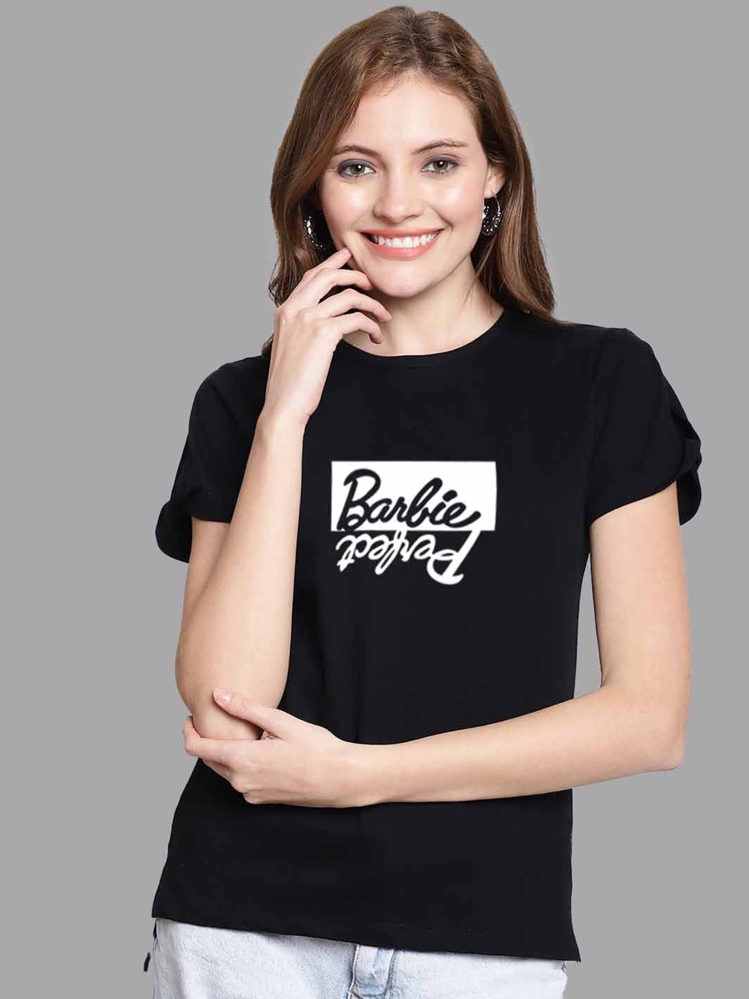 

FBAR Typography Printed Slit Sleeves Pure Cotton High Low Top, Black