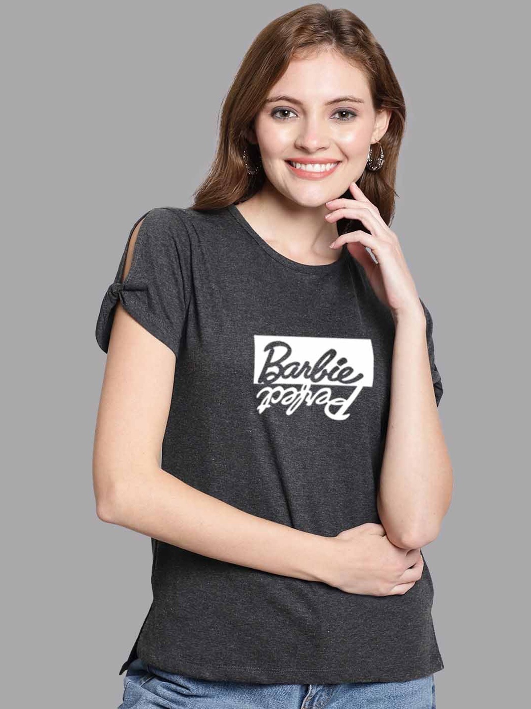 

FBAR Typography Printed Slit Sleeves Pure Cotton High-Low Top, Grey