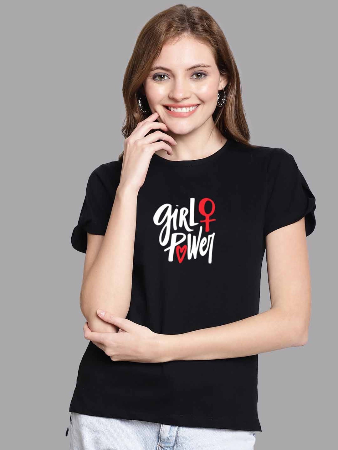 

FBAR Typography Printed Slit Sleeves Pure Cotton High Low Top, Black
