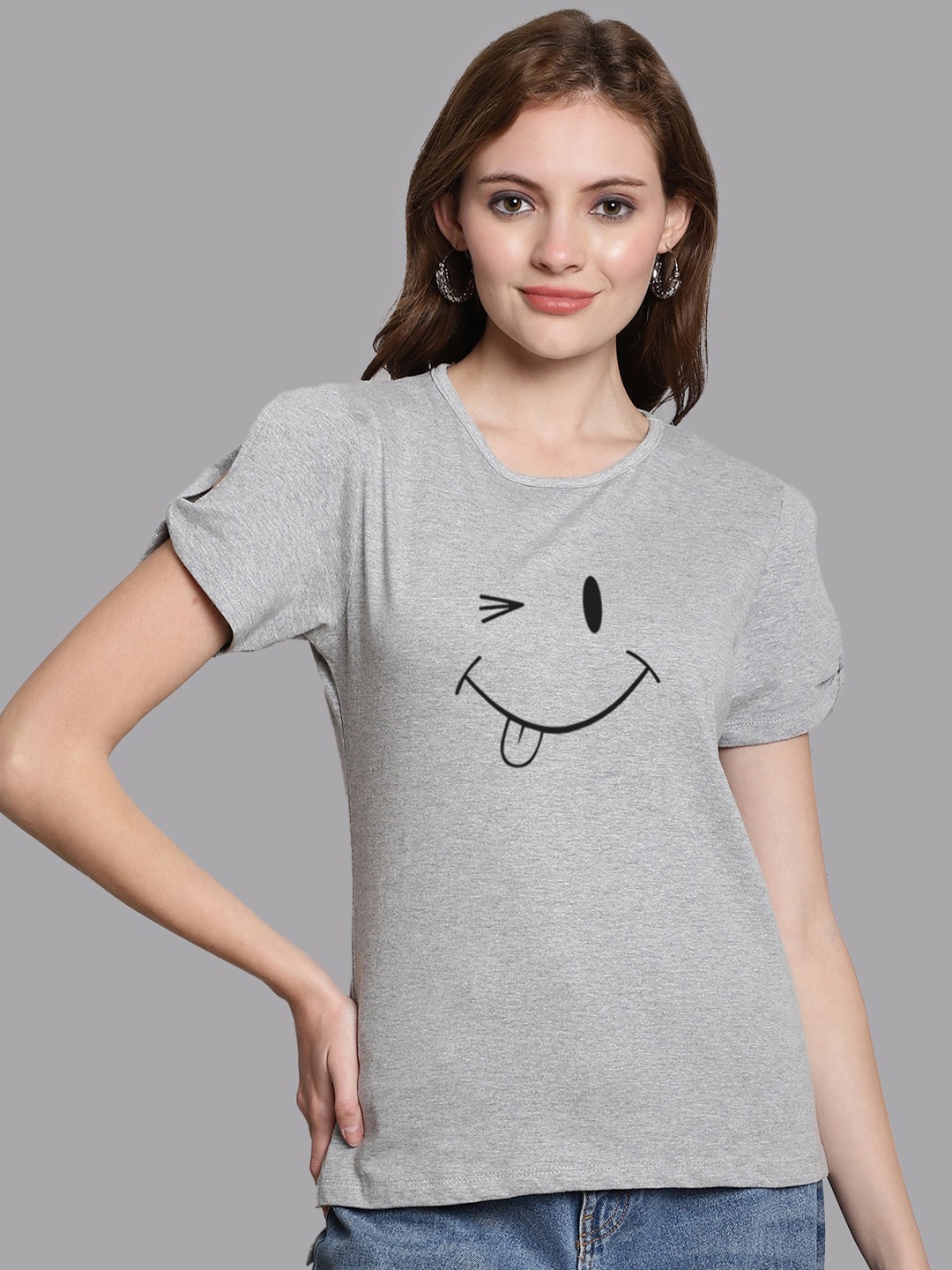 

FBAR Graphic Printed Slit Sleeves Pure Cotton High Low Top, Grey