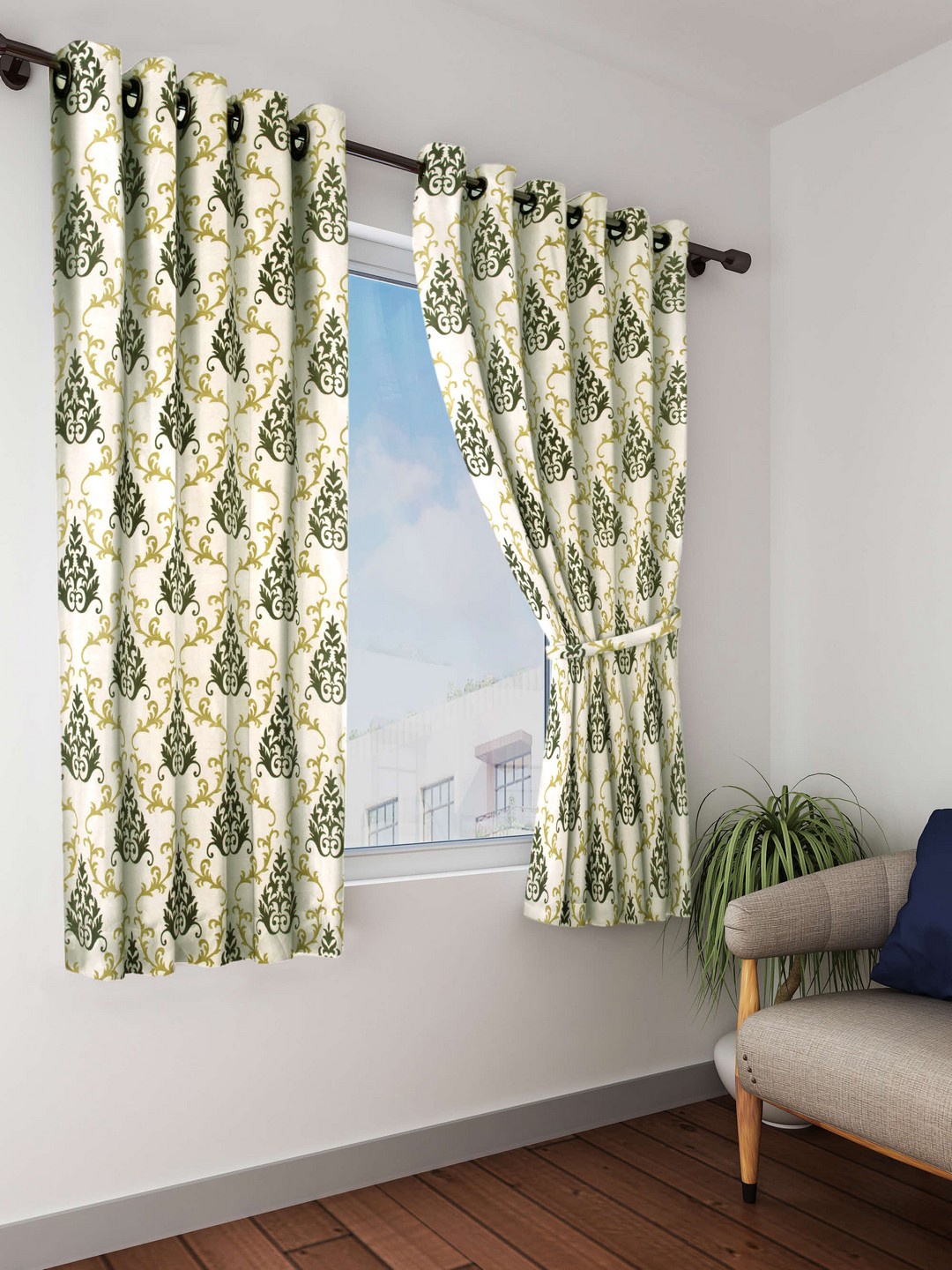 

Cortina Set of 2 Damask Printed Window Curtains, Green