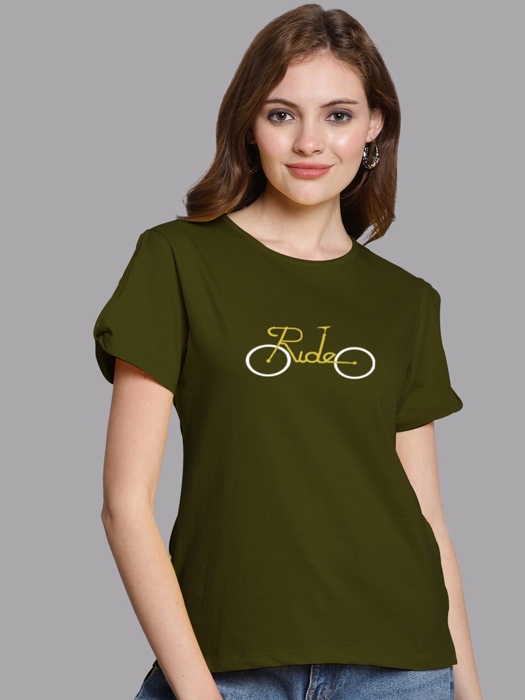 

FBAR Typography Printed Slit Sleeves Pure Cotton High Low Top, Olive