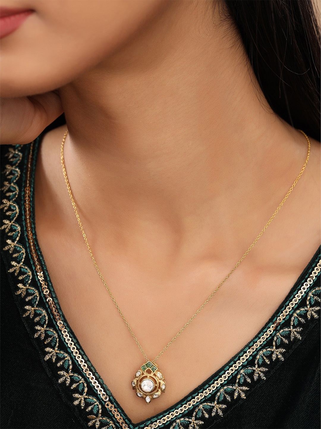 

Kicky And Perky 925 Sterling Silver Gold-Plated Stone-Studded Pendant With Chain
