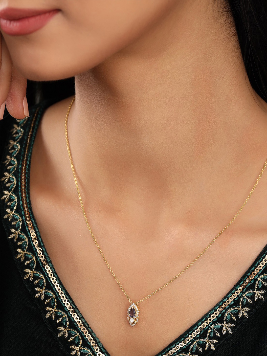 

Kicky And Perky 925 Sterling Silver Gold-Plated Stone-Studded Pendant With Chain