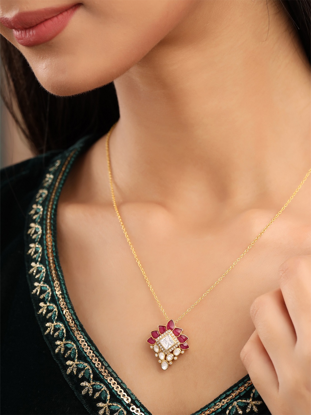 

Kicky And Perky 925 Sterling Silver Gold-Plated Stone-Studded Pendant With Chain