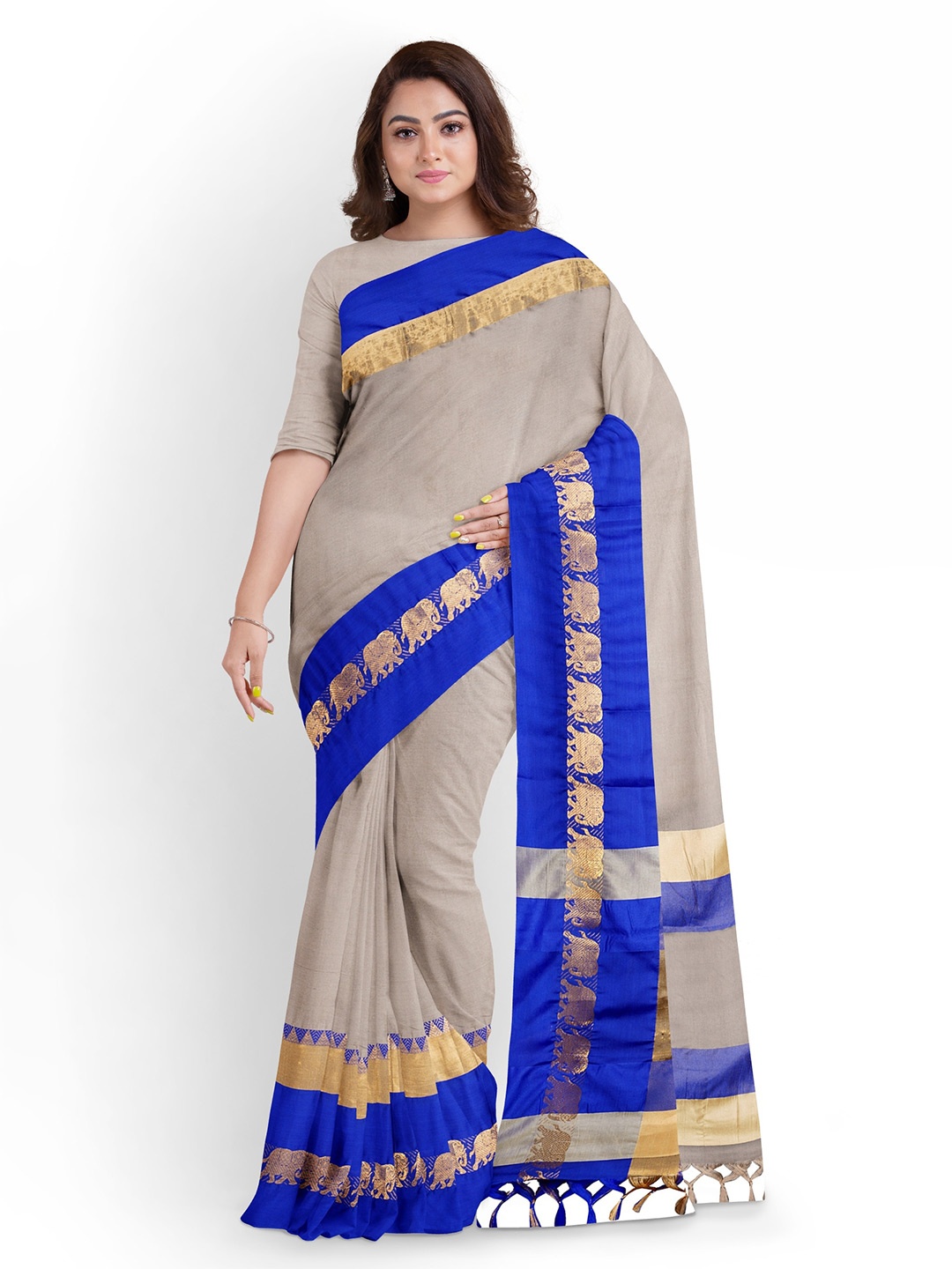 

Grubstaker Zari Silk Cotton Banarasi Saree, Grey