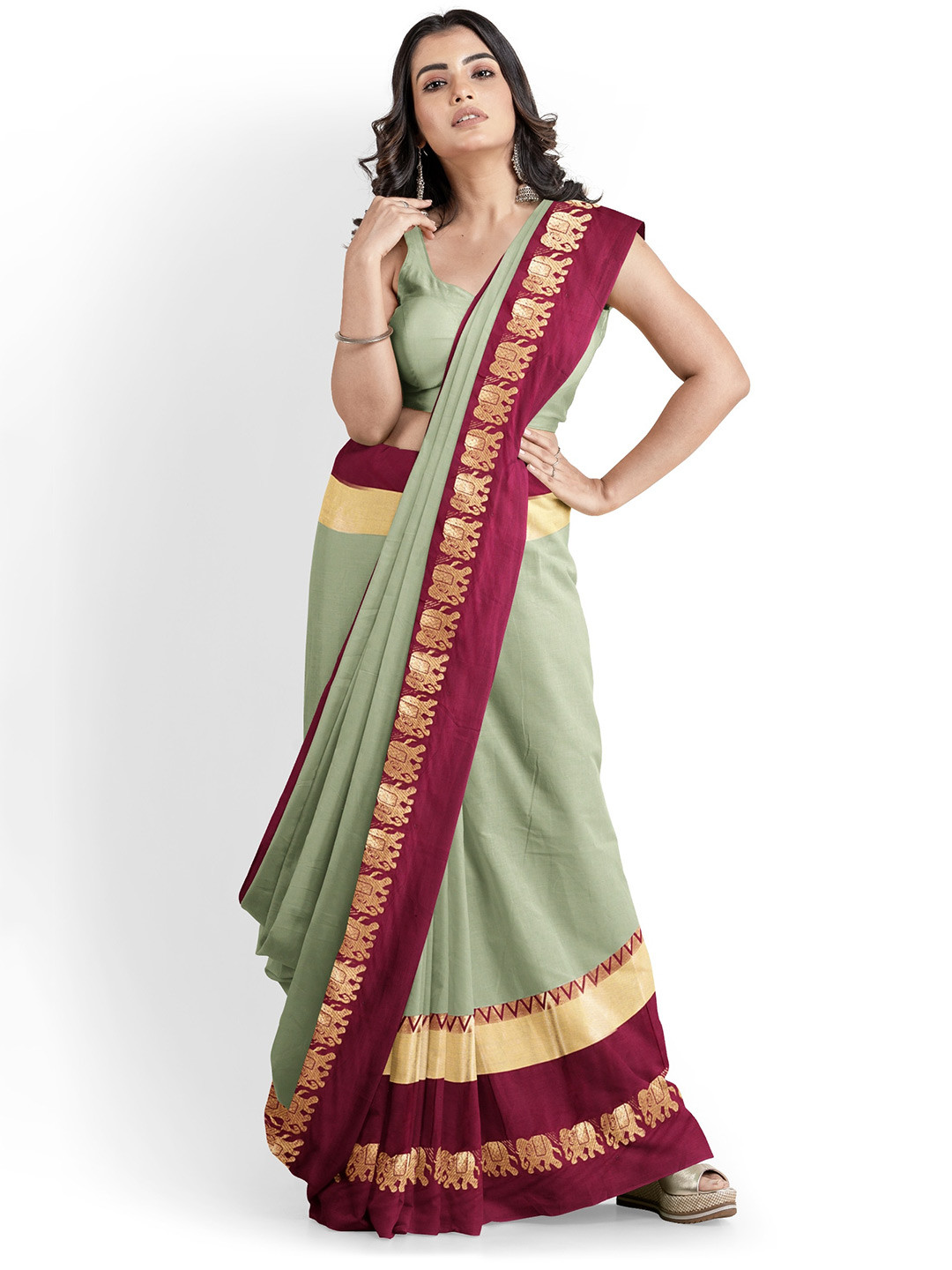 

Grubstaker Zari Silk Cotton Banarasi Saree, Green