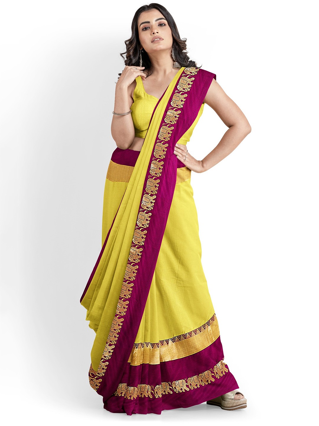 

Grubstaker Woven Design Border Zari Silk Cotton Banarasi Saree, Yellow