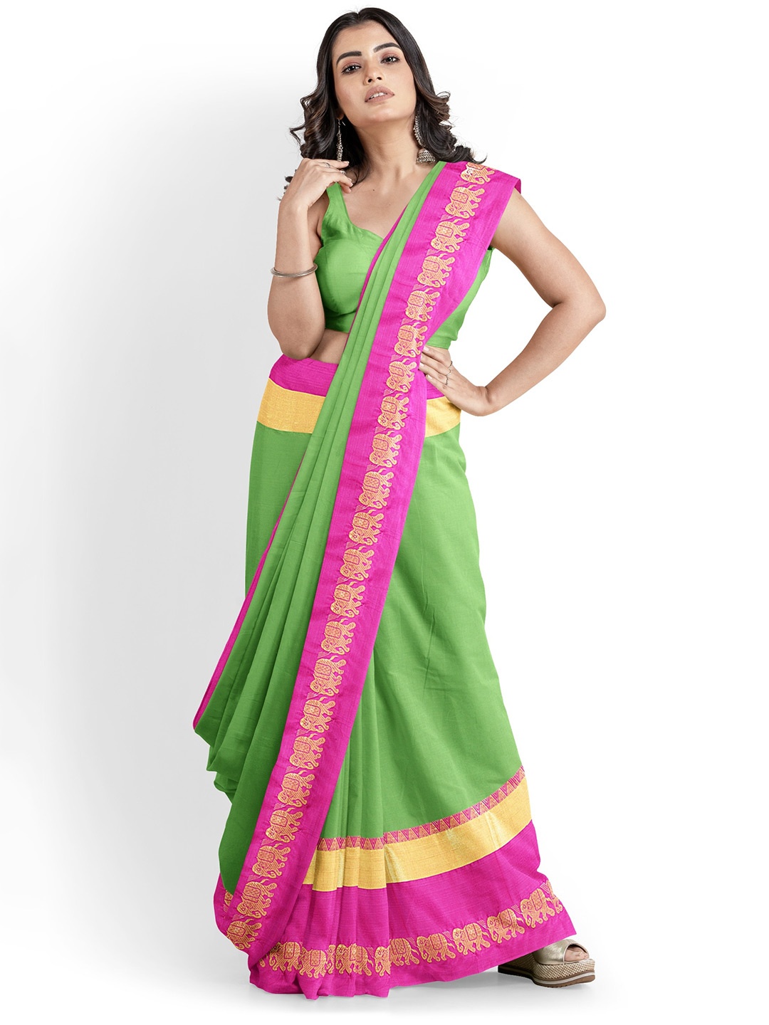 

Grubstaker Zari Silk Cotton Banarasi Saree, Green