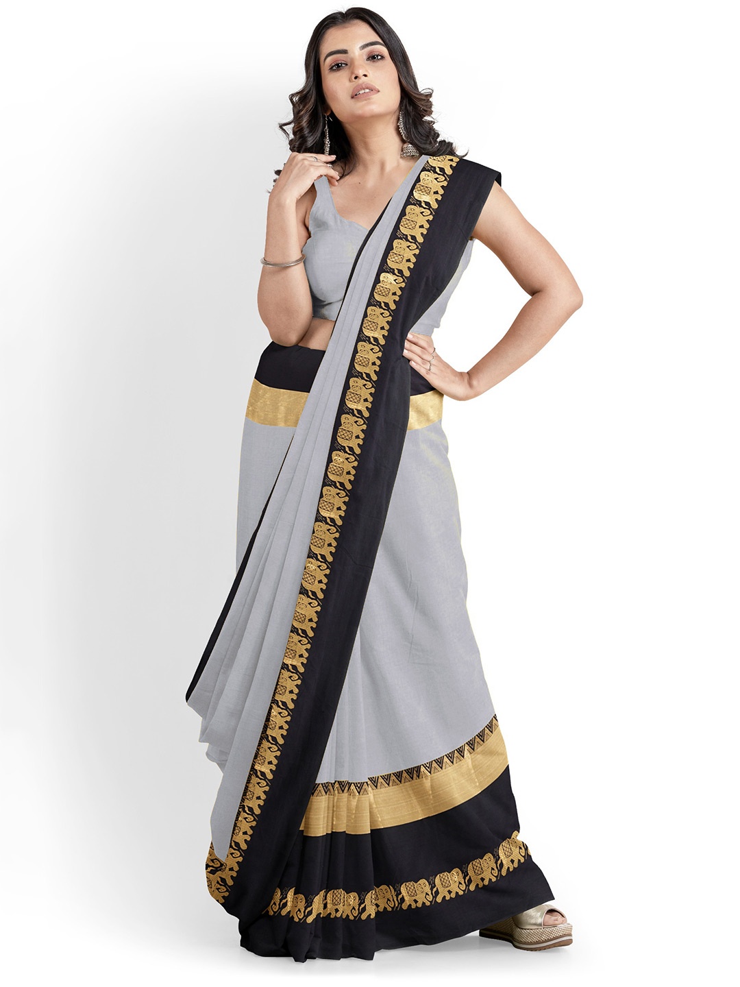 

Grubstaker Wwoven Design Border Zari Silk Cotton Banarasi Saree, Grey