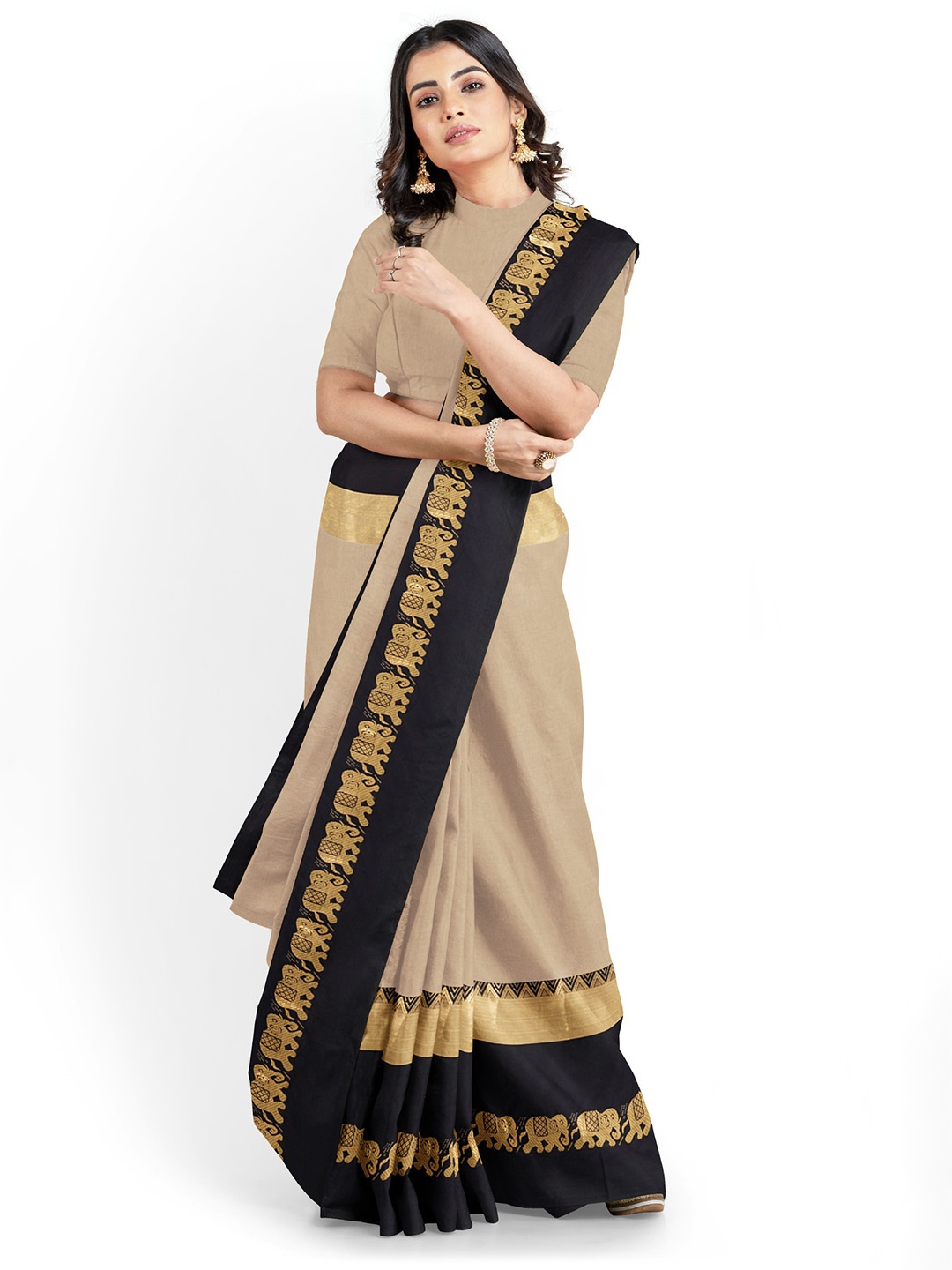 

Grubstaker Zari Silk Cotton Banarasi Saree, Cream