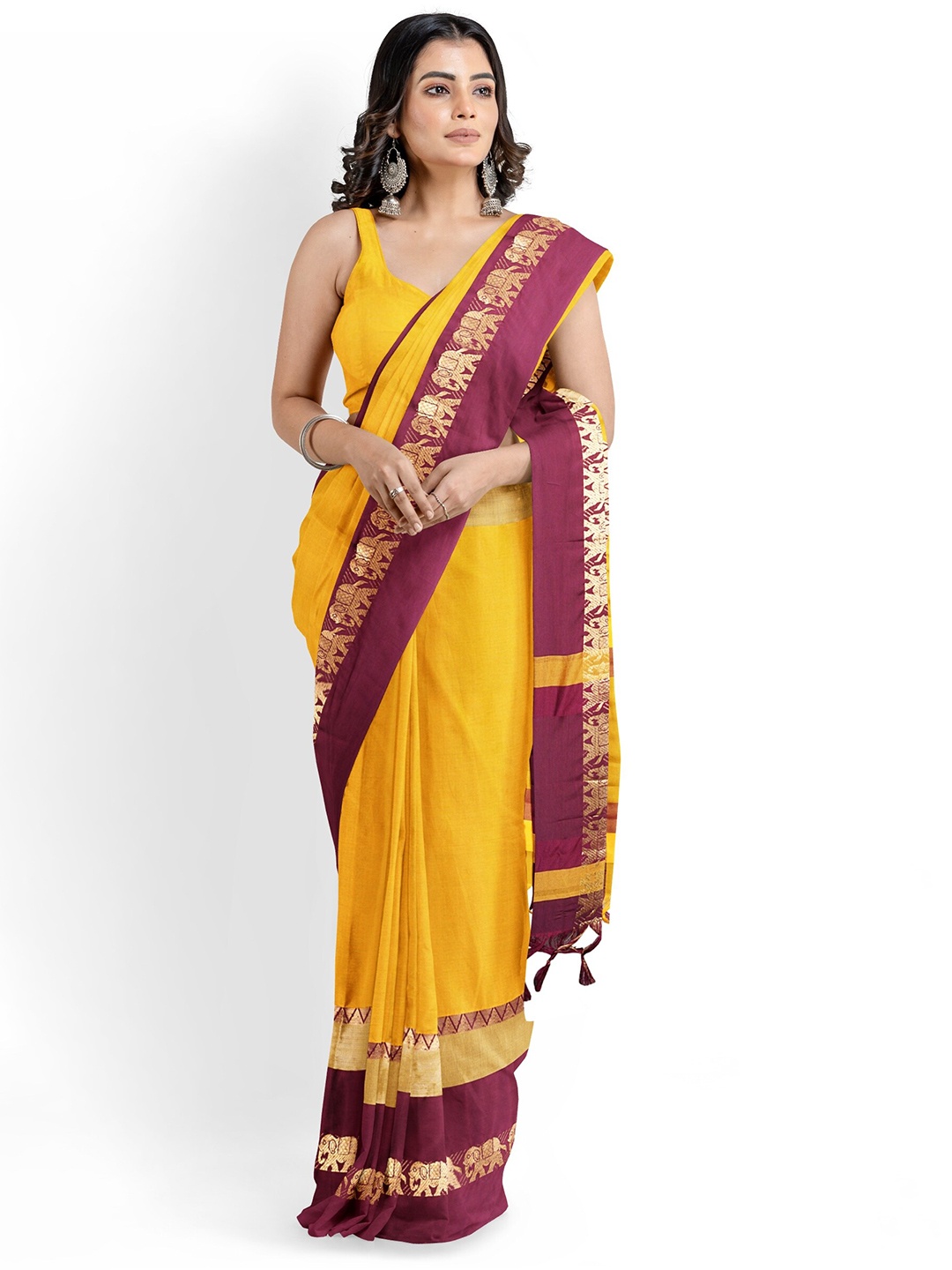 

Grubstaker Woven Design Border Zari Silk Cotton Banarasi Saree, Yellow