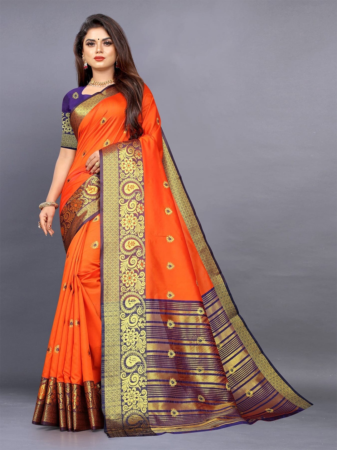 

Grubstaker Ethnic Motifs Woven Design Zari Saree, Orange