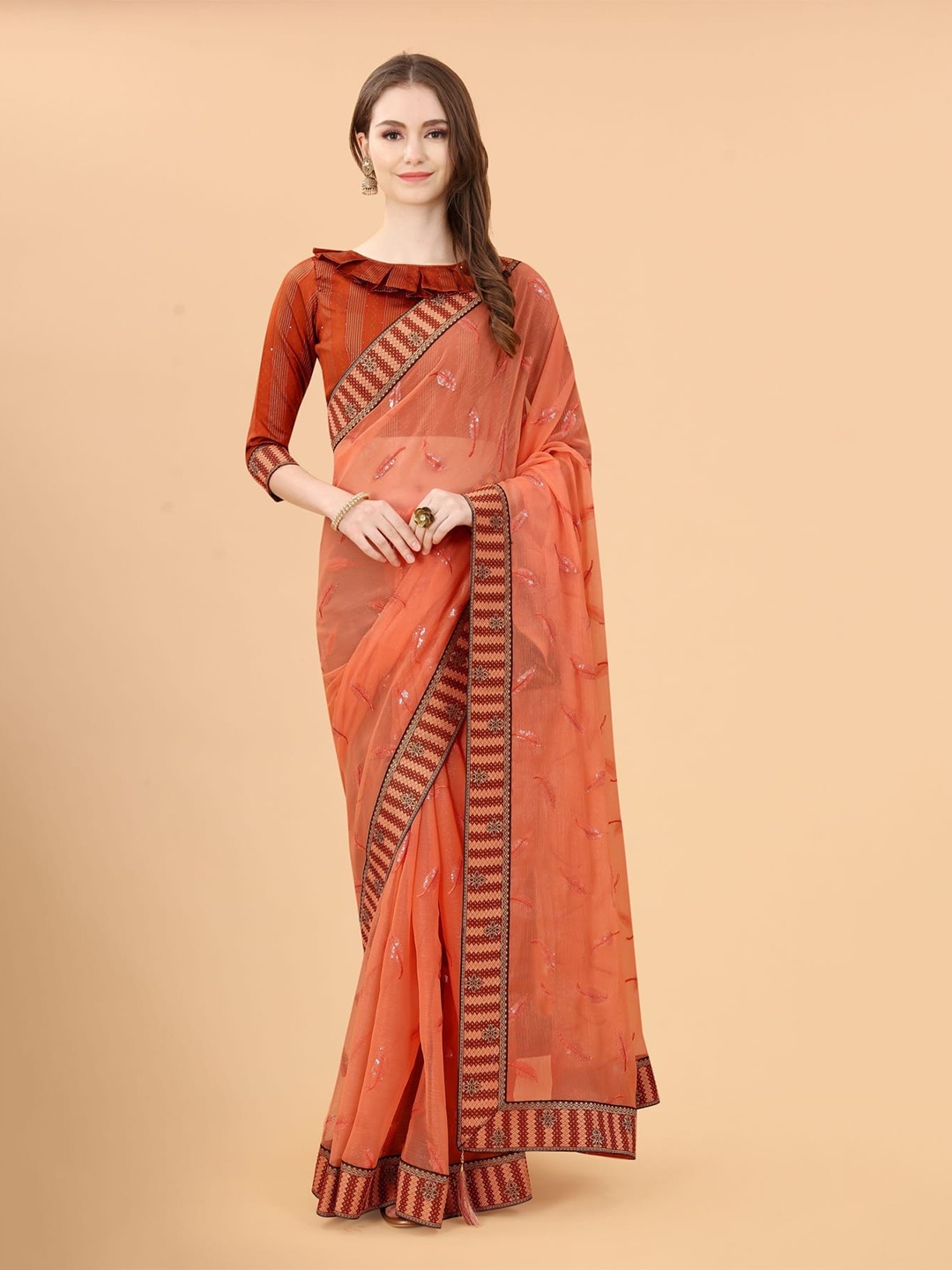 

Grubstaker Motifs Embroidered Silk Blend Saree, Orange