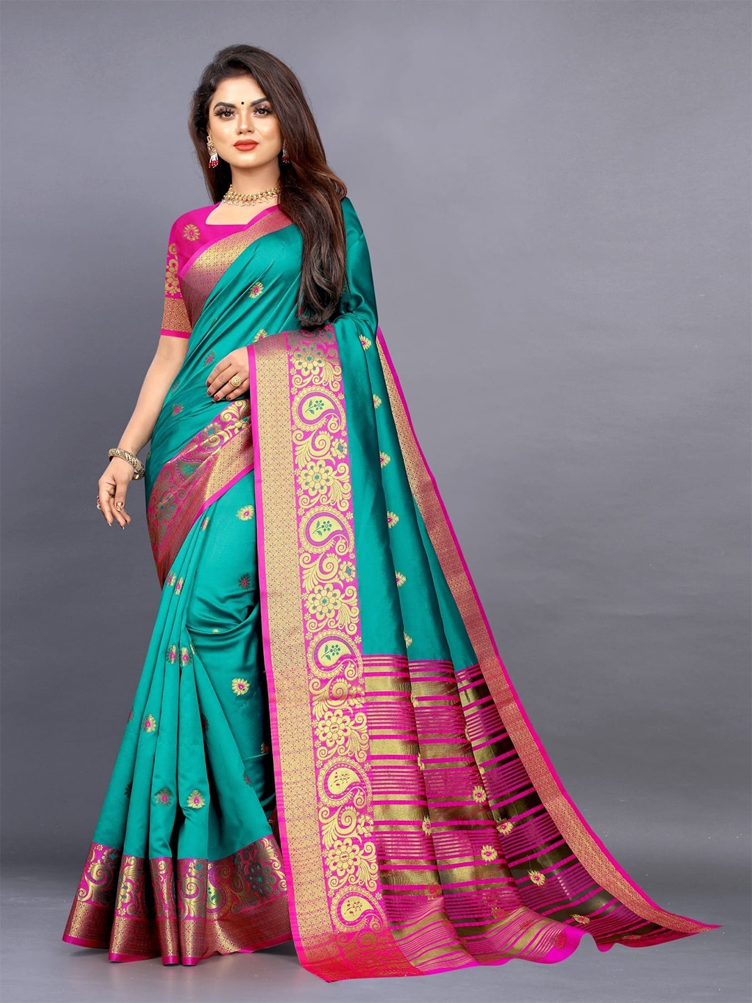 

Grubstaker Ethnic Motifs Woven Design Zari Silk Blend Saree, Turquoise blue