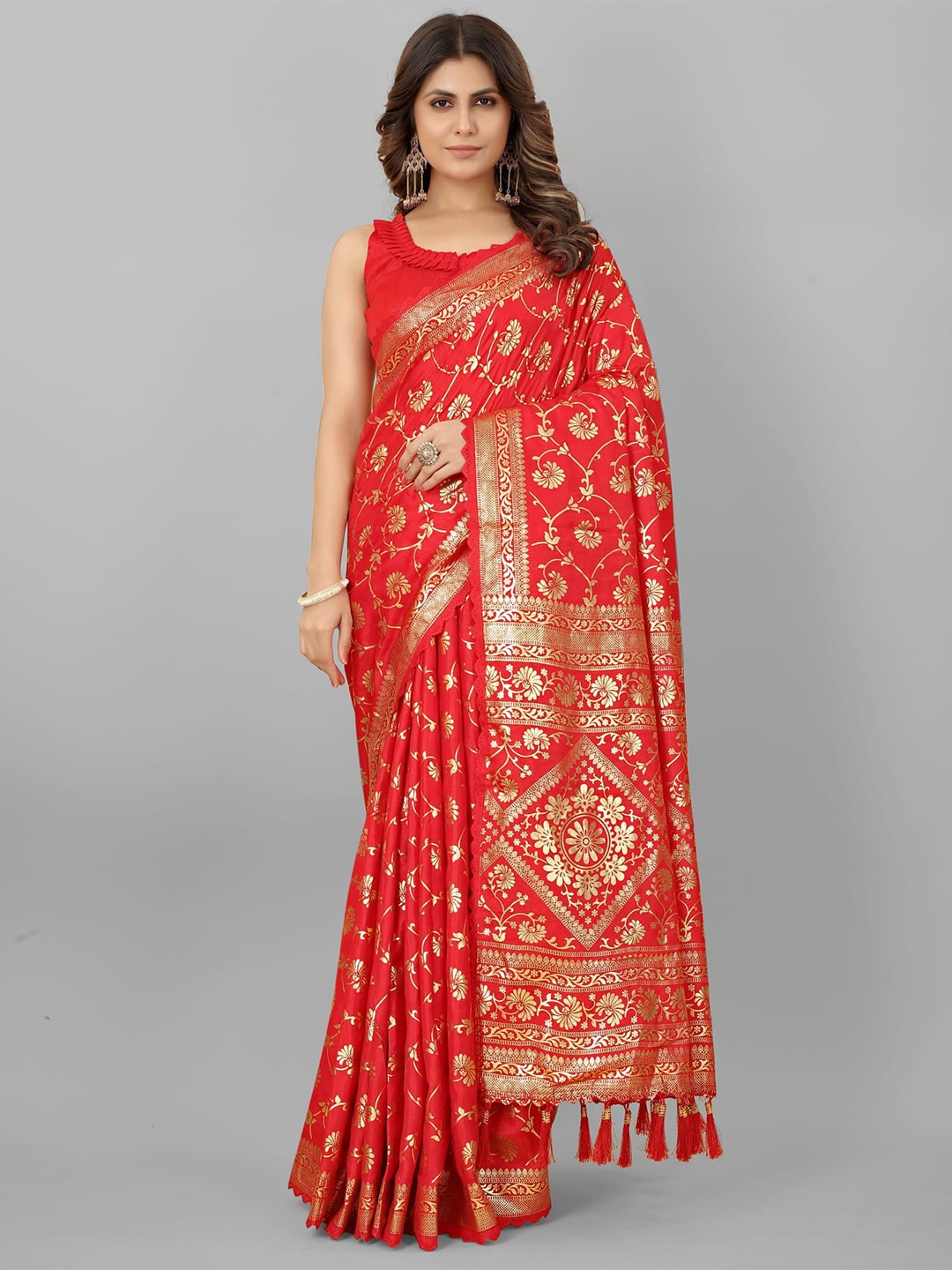 

Grubstaker Floral Woven Design Zari Saree, Red
