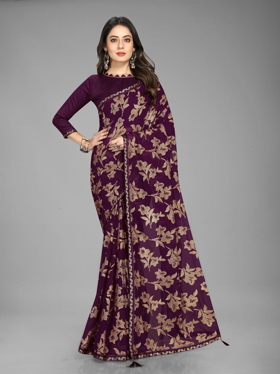

Grubstaker Floral Woven Design Zari Jacquard Saree, Purple