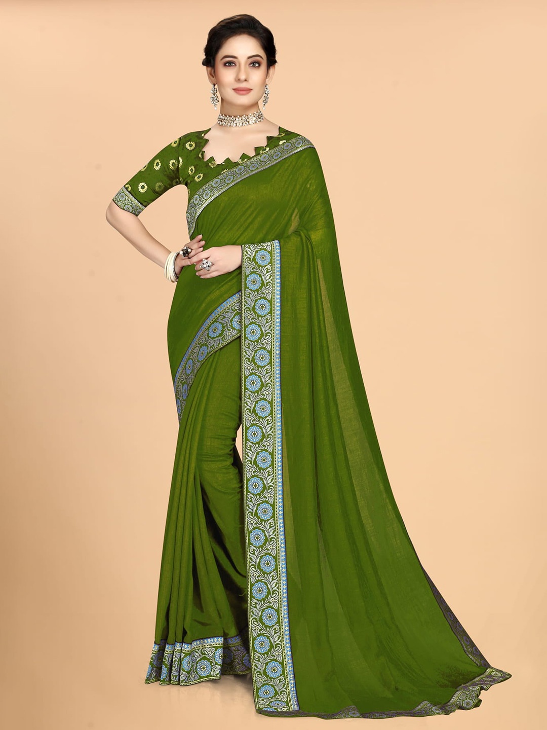 

Grubstaker Solid Zari Silk Blend Saree, Green