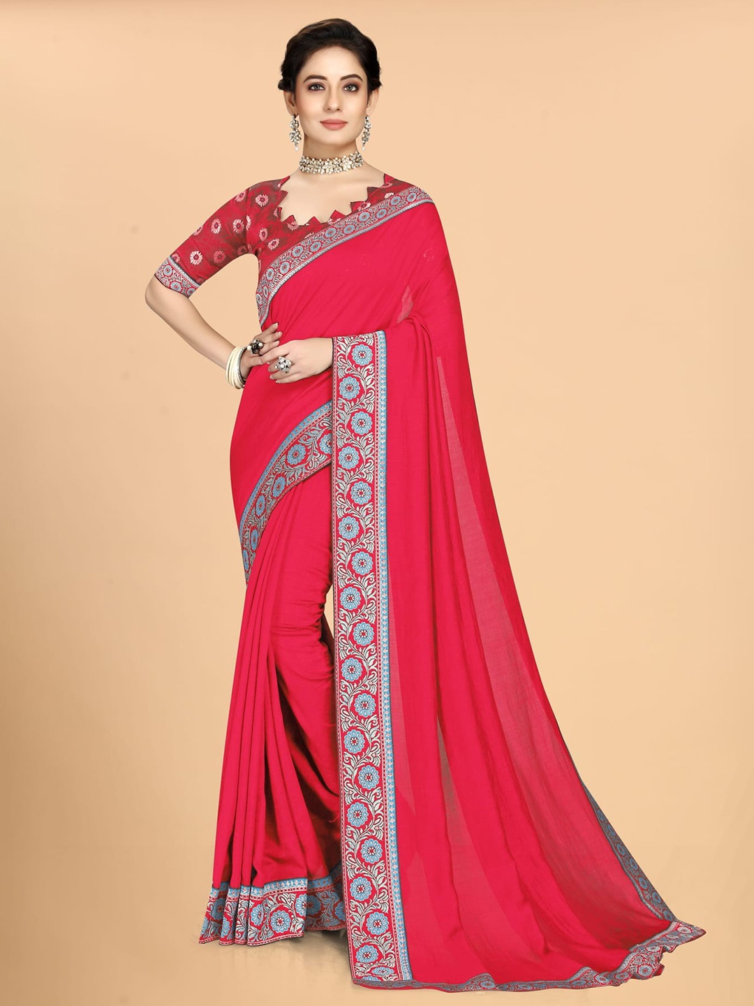 

Grubstaker Solid Zari Silk Blend Saree, Pink