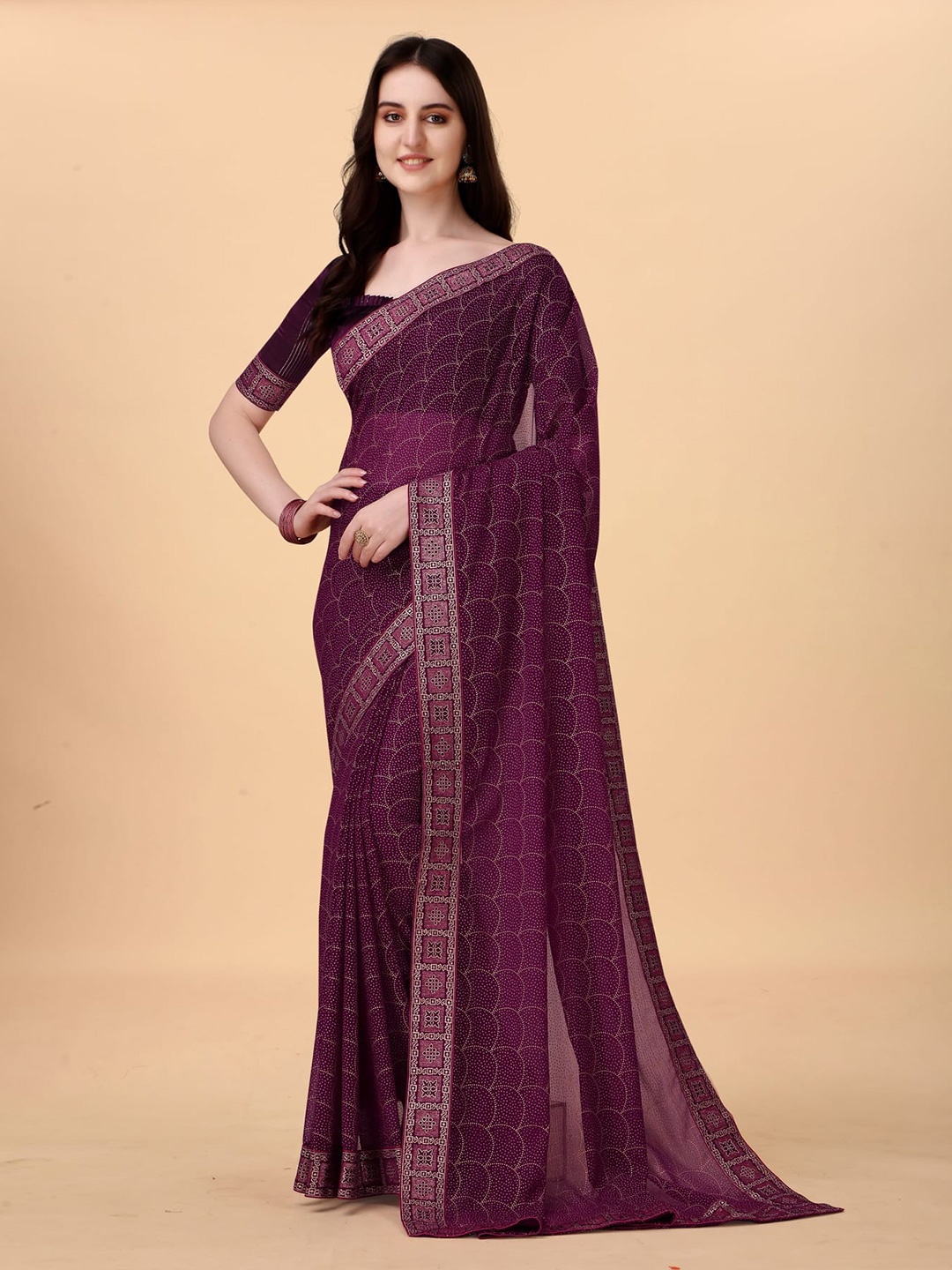 

Grubstaker Geometric Printed Zari Saree, Purple