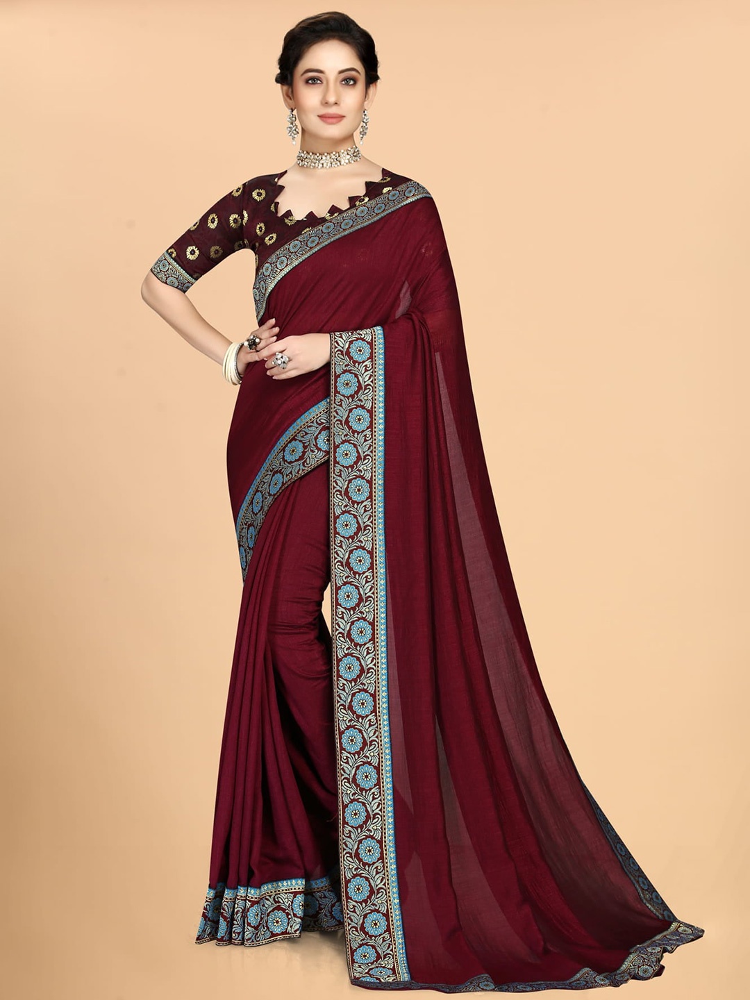 

Grubstaker Solid Zari Silk Blend Saree, Maroon